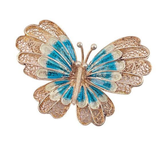 Chinese Export 1970s Blue Enamel Butterfly Pin Brooch Filigree 900 Silver - Picture 11 of 11
